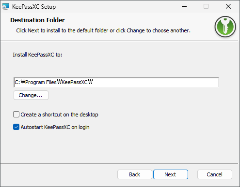 Выбор пути установки KeePassXC и настройки параметров автозапуска